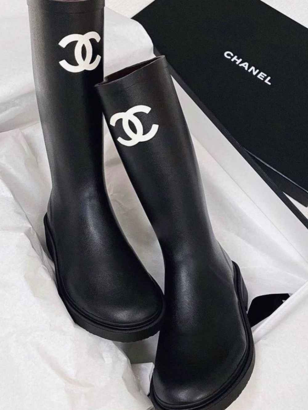 CHANEL Black Leather Mid-Calf Boots with White CC Logo
